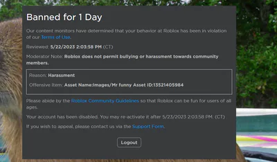 My roblox account has been disabled for a day.