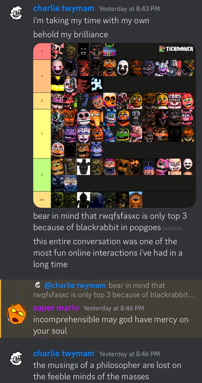 FNAF tier lists for all games : r/fivenightsatfreddys