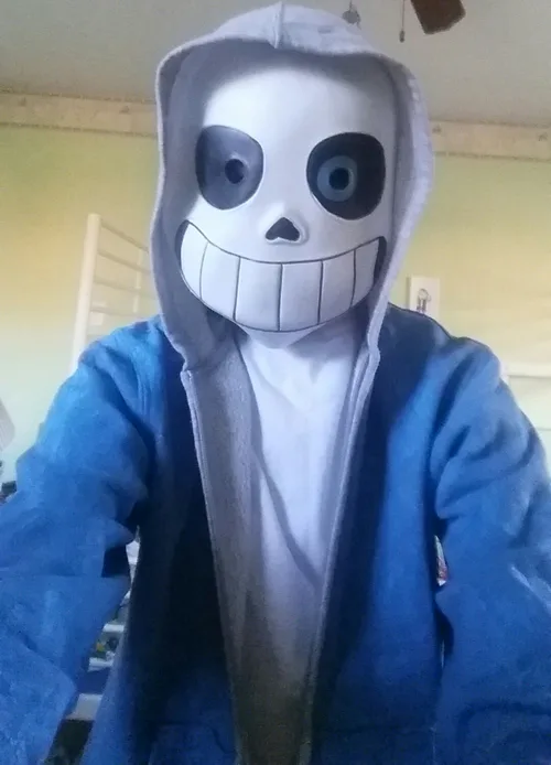 Cosplay of sans from undertale in a military camo suit