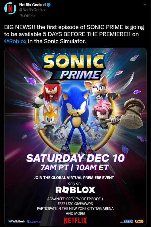 Sonic Prime Netflix Series to Premiere on Roblox in Developer