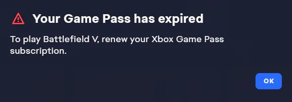 A Screenshot of the Message that tells me that my Game Pass has expired.