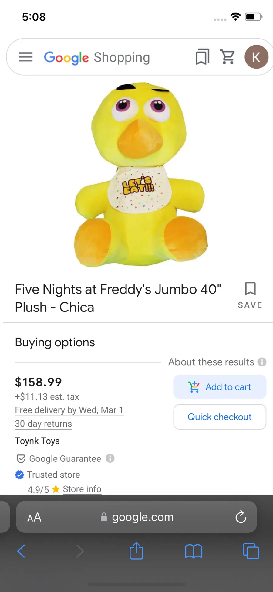 Five Nights At Freddy's Jumbo 40 Plush - Chica
