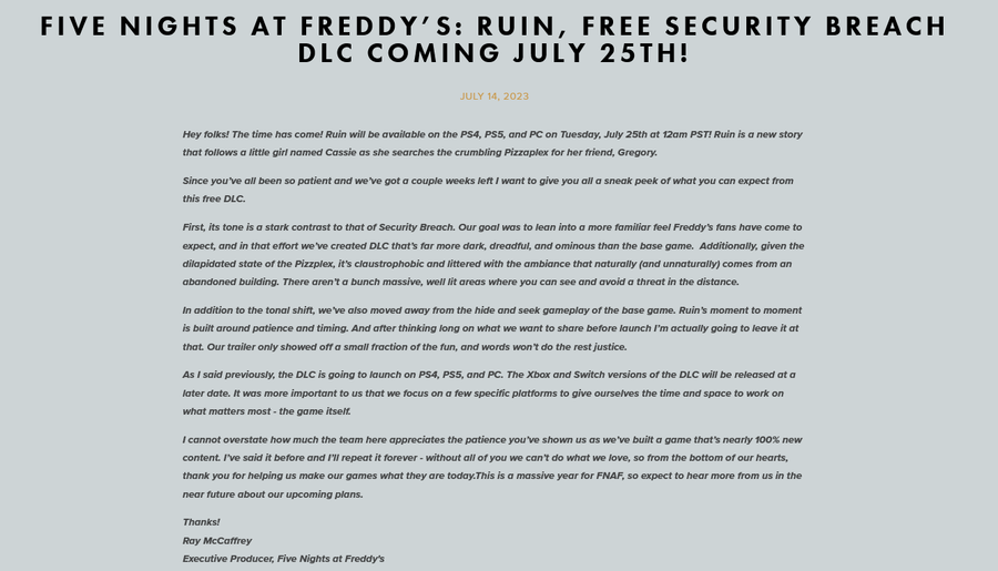 FNAF SECURITY BREACH RUIN RELEASE DATE REVEALED + NEW GAMEPLAY SCREENSHOT 