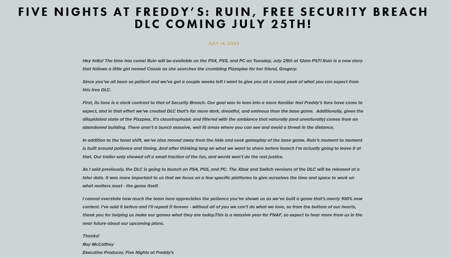 OFFICIAL RUIN DLC RELEASE DATE! (FNAF Security Breach July 2023