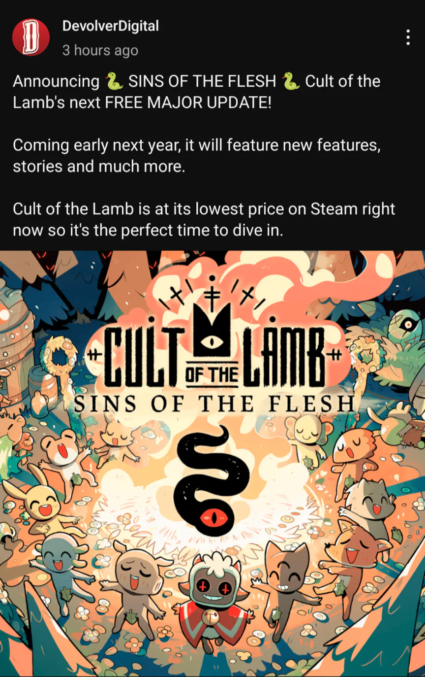 Cult of the Lamb's 'Sins of the Flesh' Update Coming in 2024