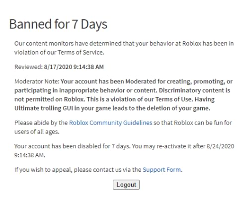 Steveblue24 On Game Jolt So Uhhh My Roblox Account Got Banned For 7 Days So Mabey I Have To - roblox banned for 14 days