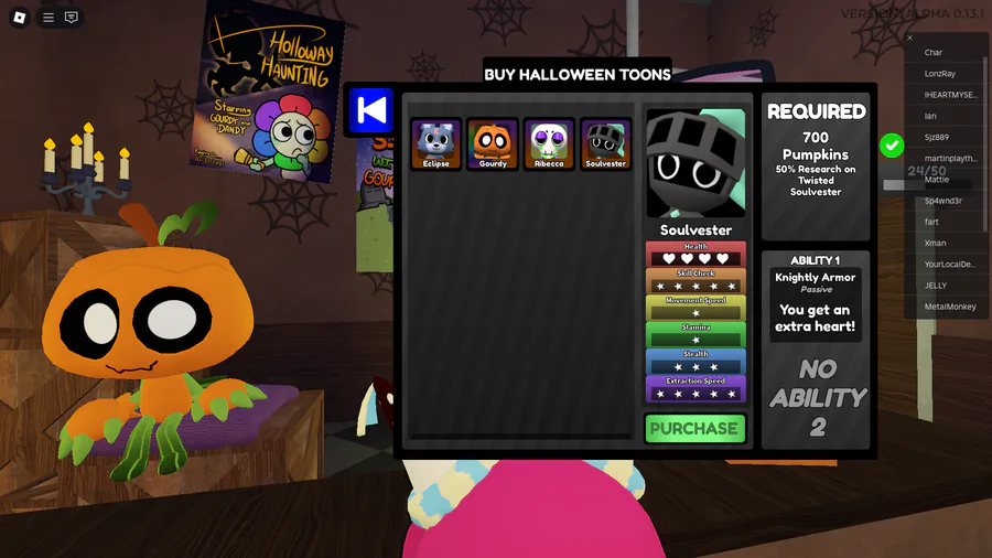 Soulvester in the Dandy’s World Halloween shop Community gameplay screenshot showing Soulvester in the Dandy’s World Halloween character shop