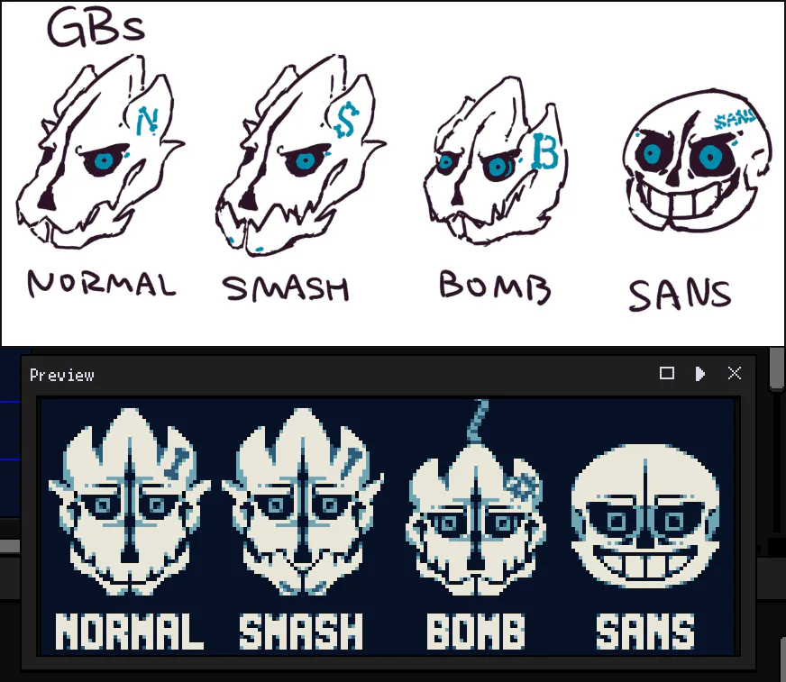 Concept art and pixel art of several GBs. - Gaster Blaster!Sans