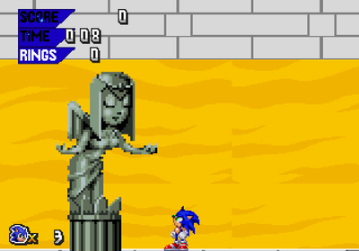 Sonic looking at a statue in Heavenly Habitat Act I