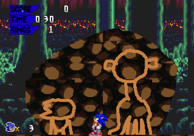 Sonic in Amazing Asteroids Act II, looking at a giant ancient stone tablet