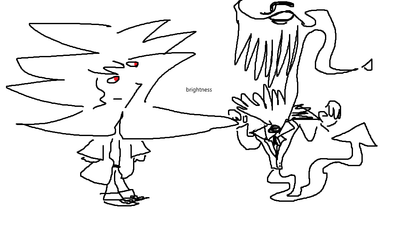 Dibujo con proporciones exageradas del protagonista Grey Larom y el fantasma Sir Camelior Grave I