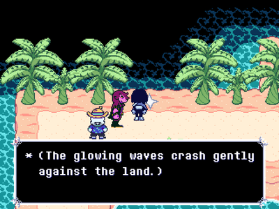A screenshot of a room in the game with a save point. It's a sandy path surrounded by glowing water and lined with big trees. The text says "The glowing waves crash gently against the land."