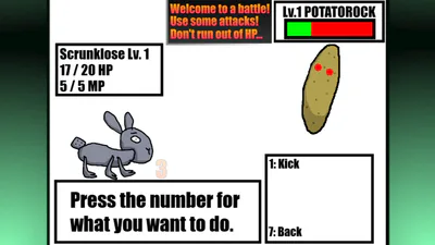 A battle scene of Scrunklose versus a Potatorock.
