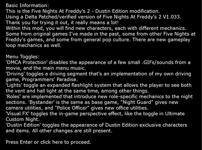 Intro splash screen with basic information about the mod.