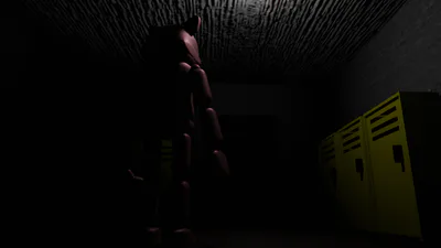 Woooh spooky metal bot standing still in a dark hallway!