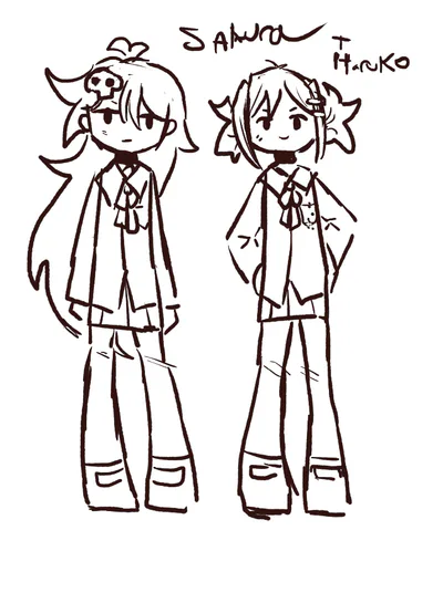 Older doodles of Sakura and Haruko in their school uniforms.