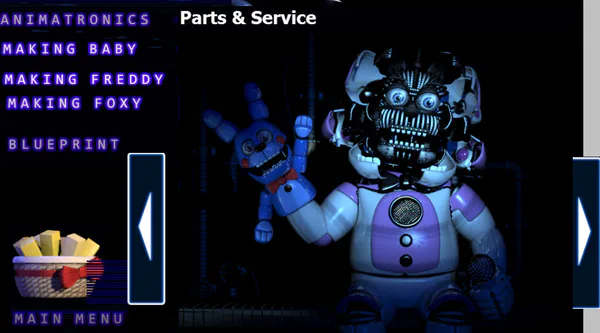 Five Nights at Freddy's Sister Location Extras Menu, ALL ANIMATRONICS AND  BLUEPRINTS!