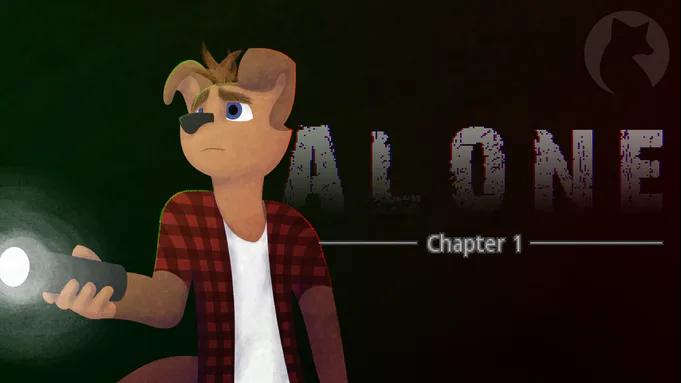 o protagonista com sua lanterna com medo e com o título "ALONE: Capítulo 1" atrás dele